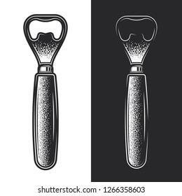 Beer can opener. Monochrome vector illustration in vintage style, on white and dark background.