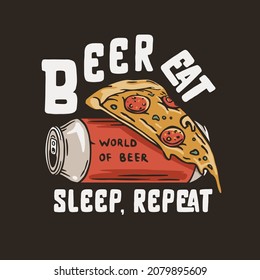 Beer can with pizza for print. Original brew design with tin of beer and fast food for bar