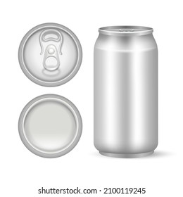 Beer can. Silver drink cans mockup, lid upview side bottom views aluminium 3d canned soda cola template, front top base alcohol blank metal pack vector illustration