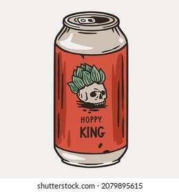 Beer can with skull and hop for print. Original brew design with tin of beer with skeleton for bar