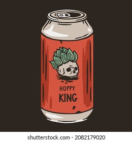 Beer can with skull and hop for print. Original brew design with tin of beer with skeleton for bar