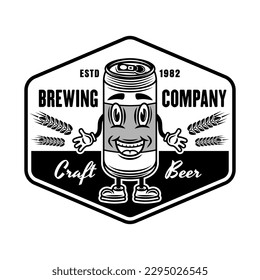 Beer can smiling character vector monochrome emblem, badge, label or logo isolated on white background