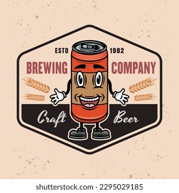 Beer can smiling character vector colored emblem, badge, label or logo on light background