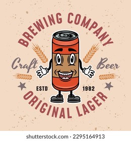 Beer can smiling character vector colored emblem, badge, label or logo on light background