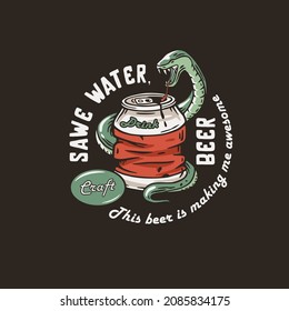 Beer can with snake for print. Original brew desig crumpled can or tin of beer for bar