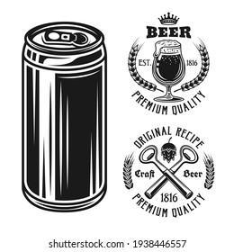 Beer can and two emblems, badges, labels or logos set of vector elements isolated on white background