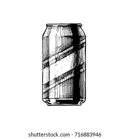 Beer can. Vector hand drawn sketch of beverage can in ink hand drawn style.  isolated on white. 