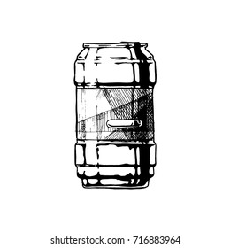 Beer can. Vector hand drawn sketch of beverage can in ink hand drawn style.  isolated on white. 