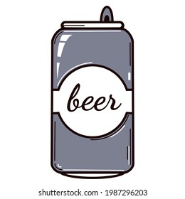Beer can vector icon. Aluminum packaging for alcoholic drinks. Isolated print on a white background. A jar of porter. Hand-drawn cartoon illustration. Flat style.