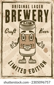 Beer can vintage poster cartoon smiling character vector illustration. Layered, separate grunge texture and text