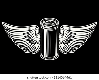 Beer can with wings vector illustration in tattoo vintage style on dark background