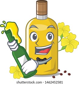 With beer canola oil poured into cartoon glass