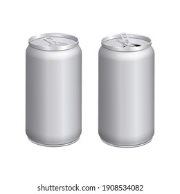 Beer cans, soda cans. Empty mock up realistic aluminium containers. Open and closed cans. Insulated aluminum cans on a white background.