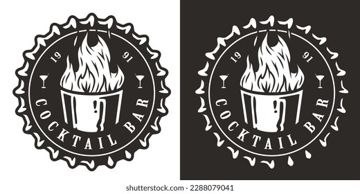 Beer cap and bartender shot with fire for bartending. Bottle cap and steel glass with flame for barman of cocktail bar.