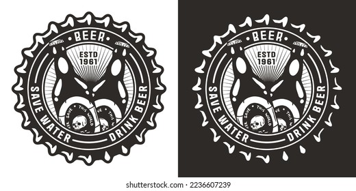 Beer cap with bottle and metal cork for bar, pub or brewery shop. Brew emblem or craft beer logo for label or print.