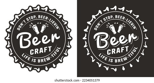 Beer cap for brew monochrome emblem or craft beer logo. Label or print with metal cork for bar, pub or brewery shop.