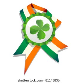 Beer cap with clover leaf and flag of Ireland. Decorative badge for Saint Patrick's Day. Isolated and grouped objects over white, no mesh or transparencies used.