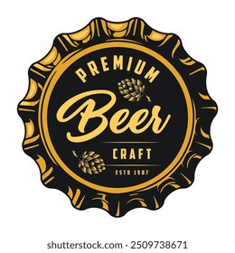 Beer cap colorful vintage sticker with premium and craft inscriptions for menu of tavern selling low-alcohol drinks vector illustration
