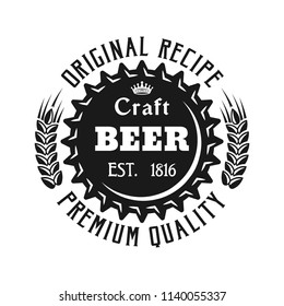 Beer cap emblem, label, badge or logo in monochrome vintage style isolated on white background