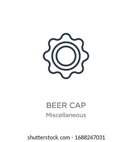 Beer cap icon. Thin linear beer cap outline icon isolated on white background from miscellaneous collection. Line vector sign, symbol for web and mobile