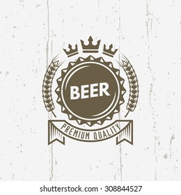 Beer cap isolated vector vintage label on background with grunge texture, branch wheat and ribbon with text