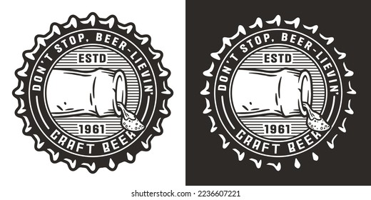 Beer cap with lying bottle and foam for label or print. Brew emblem or craft beer logo for bar, pub or brewery shop.