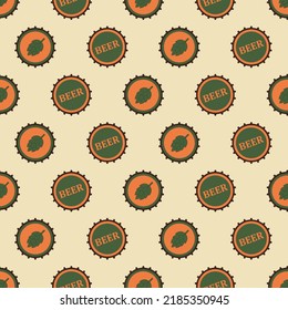 Beer cap seamless pattern. Beer cap in retro color. Beer party  background. Retro design for print on fabric, wrapping paper, packaging, wallpaper. Vector illustration