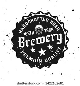 Beer cap with text vector emblem, label, badge, stamp or logo in monochrome vintage style. Isolated on white background, removable grunge textures