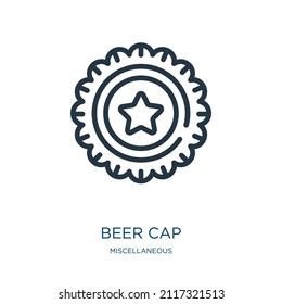 beer cap thin line icon. label, beer linear icons from miscellaneous concept isolated outline sign. Vector illustration symbol element for web design and apps.