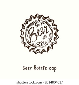 Beer cap top view. Ink black and white doodle drawing in woodcut style.