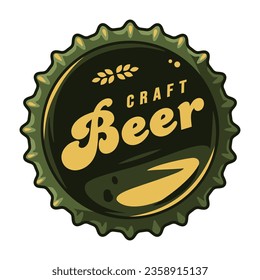 Beer cap vector art for brew emblem or craft beer logo. Label or print with metal cork for bar or brewery shop. Vintage old retro design for pub