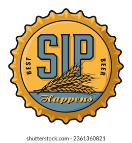 Beer cap vector art for brew emblem or craft beer logo. Label or print with metal cork for bar or brewery shop. Vintage old retro design for pub