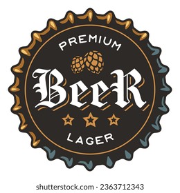 Beer cap vector for design of brew beer in a brewery. Metal cork for logo of craft brewing. Vintage old retro design with beer cap for pub and bar