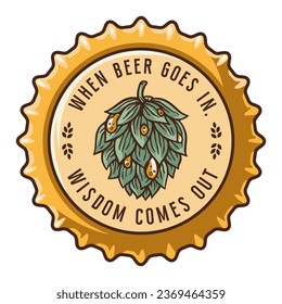 Beer cap vector with a hop or metal cork for bar, pub or brewery shop . Vintage old retro design for brew emblem or craft beer logo