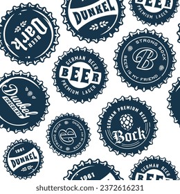 Beer cap vector monochrome seamless pattern with metal cork for decor of bar, pub or brewery shop. Vintage old retro background for brew or craft beer.