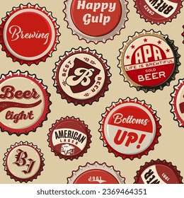 Beer cap vector seamless pattern with metal cork for decor of bar, pub or brewery shop. Vintage old retro background for brew or craft beer.