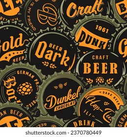 Beer cap vector seamless pattern with metal cork for decor of bar, pub or brewery shop. Vintage old retro background for brew or craft beer.