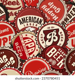 Beer cap vector seamless pattern with metal cork for decor of bar, pub or brewery shop. Vintage old retro background for brew or craft beer.