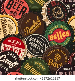 Beer cap vector seamless pattern with metal cork for decor of bar, pub or brewery shop. Vintage old retro background for brew or craft beer.