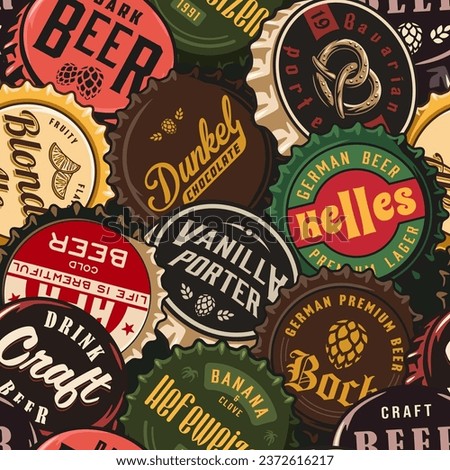 Beer cap vector seamless pattern with metal cork for decor of bar, pub or brewery shop. Vintage old retro background for brew or craft beer.