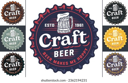 Beer cap vector set or brew emblems or craft beer logos. Labels or prints with metal cork for bar or brewery shop. Vintage old retro designs for pub