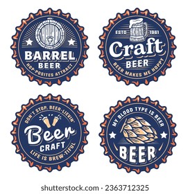 Beer cap vector set or brew emblems or craft beer logos. Labels or prints with metal cork for bar or brewery shop. Vintage old retro designs for pub