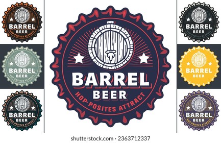 Beer cap vector set or brew emblems or craft beer logos. Labels or prints with metal cork for bar or brewery shop. Vintage old retro designs for pub