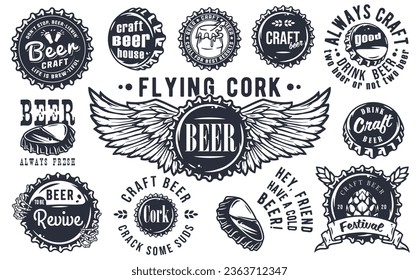 Beer cap vector set for design of brew beer in a brewery. Collection of metal corks for logo of craft brewing. Vintage old retro designs with beer cap for pub and bar