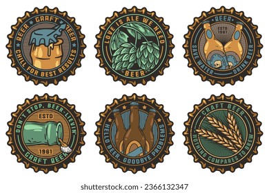 Beer cap vector set for design of brew beer in a brewery. Collection of metal corks for logo of craft brewing. Vintage old retro designs with beer cap for pub and bar