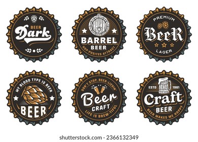 Beer cap vector set for design of brew beer in a brewery. Collection of metal corks for logo of craft brewing. Vintage old retro designs with beer cap for pub and bar