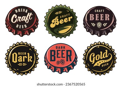 Beer cap vector set for design of brew beer in a brewery. The collection of metal corks for logo of craft brewing. Vintage old retro designs with beer cap for pub and bar