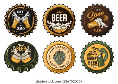 Beer cap vector set for design of brew beer in a brewery. The collection of metal corks for logo of craft brewing. Vintage old retro designs with beer cap for pub and bar