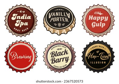 Beer cap vector set for design of brew beer in a brewery. The collection of metal corks for logo of craft brewing. Vintage old retro designs with beer cap for pub and bar