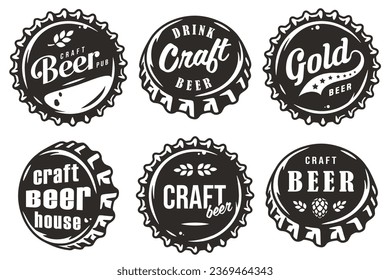 Bierdeckel, Vektorset für die Gestaltung von Braubier in einer Brauerei. Sammlung von Metallkorken für das Logo des Handwerks Brauen. Vintage alte Retro-Designs mit Bierdeckel für Pub und Bar